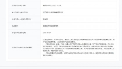 浙江爱仕达生活电器有限公司因生产不符国标产品被罚4000元